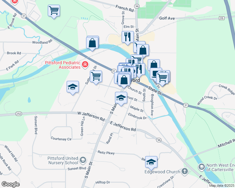 map of restaurants, bars, coffee shops, grocery stores, and more near 49 South Main Street in Pittsford