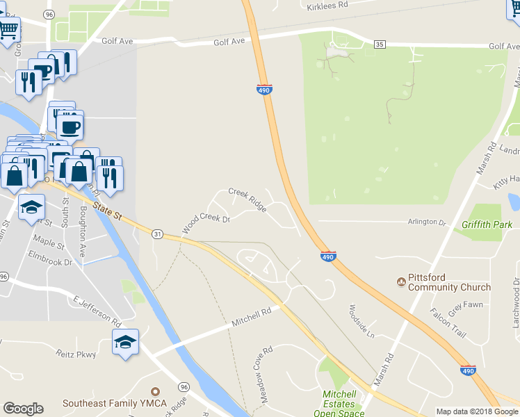 map of restaurants, bars, coffee shops, grocery stores, and more near 131 Wood Creek Drive in Pittsford