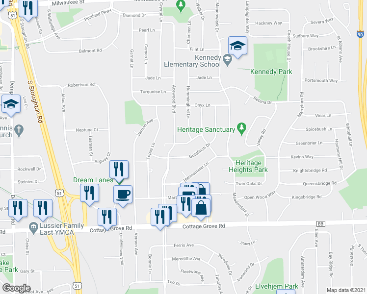 map of restaurants, bars, coffee shops, grocery stores, and more near 4609 Bob-O-Link Lane in Madison