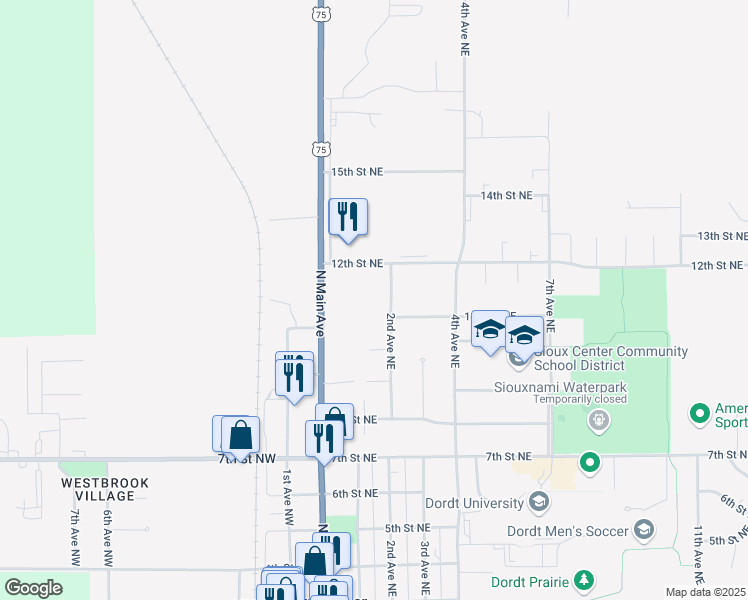 map of restaurants, bars, coffee shops, grocery stores, and more near 1089 2nd Avenue Northeast in Sioux Center