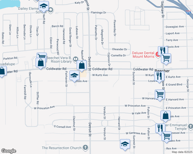 map of restaurants, bars, coffee shops, grocery stores, and more near 1310 Louis Avenue in Flint
