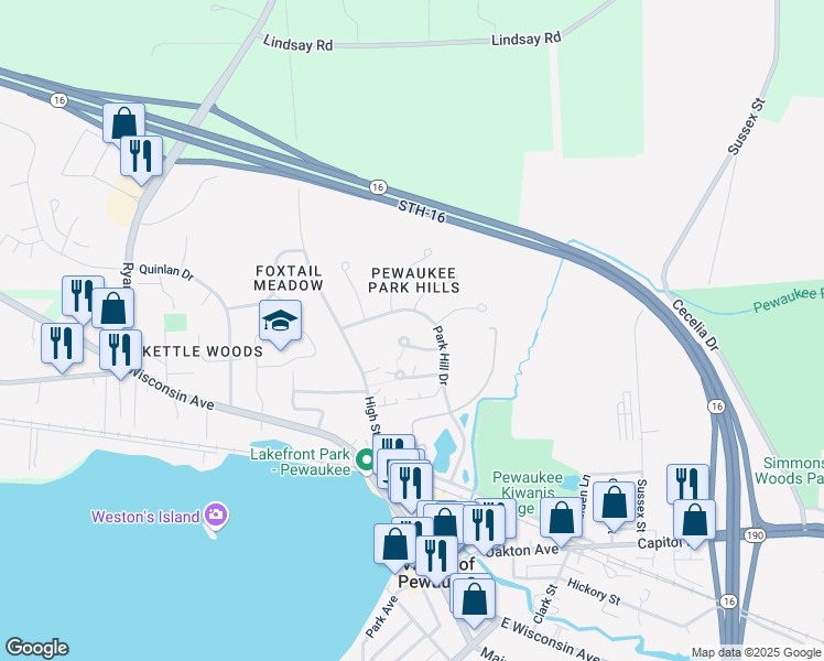 map of restaurants, bars, coffee shops, grocery stores, and more near 115 Ridge Court in Pewaukee