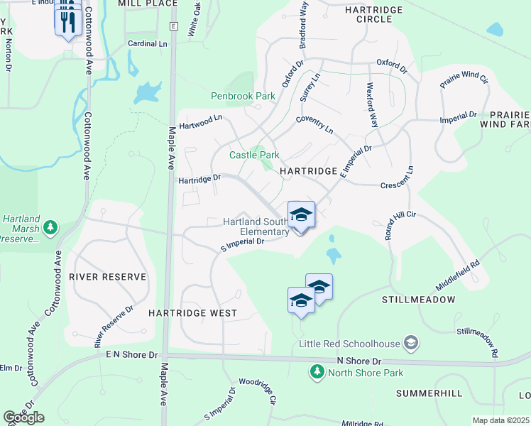 map of restaurants, bars, coffee shops, grocery stores, and more near 621 Hartridge Drive in Hartland