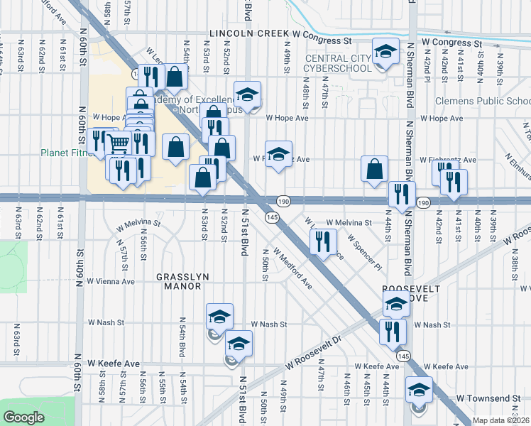map of restaurants, bars, coffee shops, grocery stores, and more near 4947 W Fond Du Lac Ave in Milwaukee