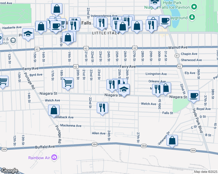 map of restaurants, bars, coffee shops, grocery stores, and more near 414 24th Street in Niagara Falls