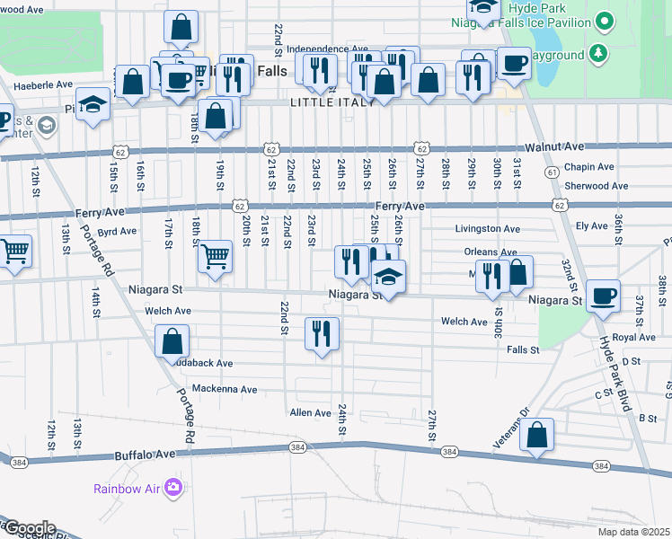 map of restaurants, bars, coffee shops, grocery stores, and more near 414 24th Street in Niagara Falls