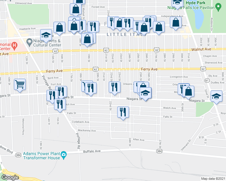 map of restaurants, bars, coffee shops, grocery stores, and more near 414 23rd Street in Niagara Falls