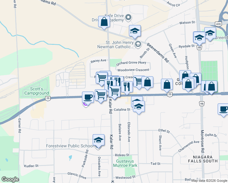 map of restaurants, bars, coffee shops, grocery stores, and more near 8201 B Lundy's Lane in Niagara Falls