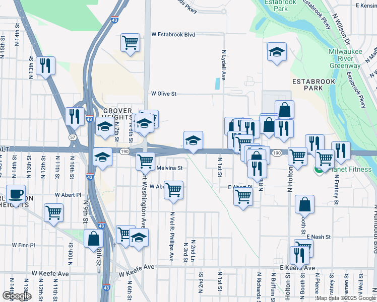 map of restaurants, bars, coffee shops, grocery stores, and more near 327 West Capitol Drive in Milwaukee