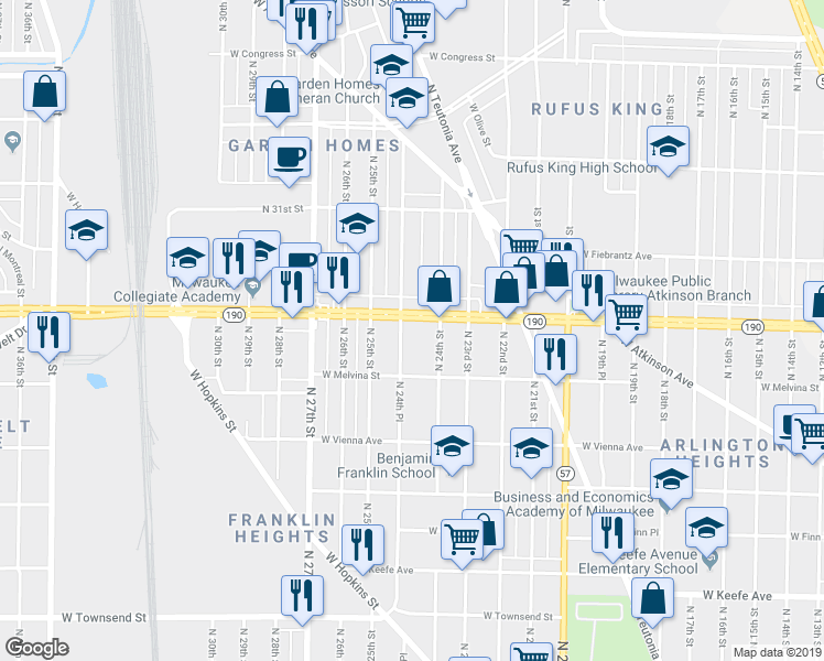 map of restaurants, bars, coffee shops, grocery stores, and more near 3940 North 24th Place in Milwaukee