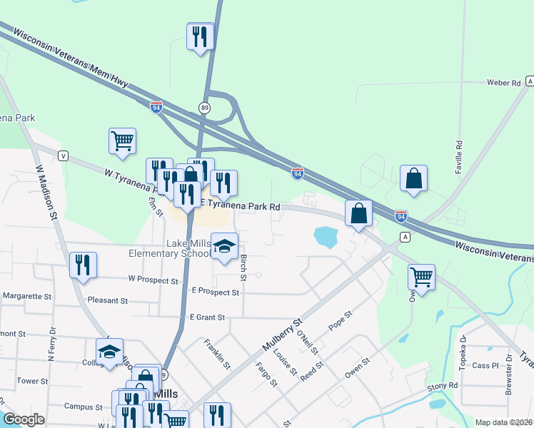map of restaurants, bars, coffee shops, grocery stores, and more near 809 Cherokee Path in Lake Mills