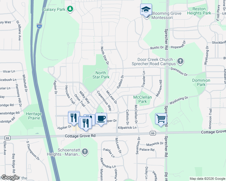 map of restaurants, bars, coffee shops, grocery stores, and more near 601 Capricorn Lane in Madison