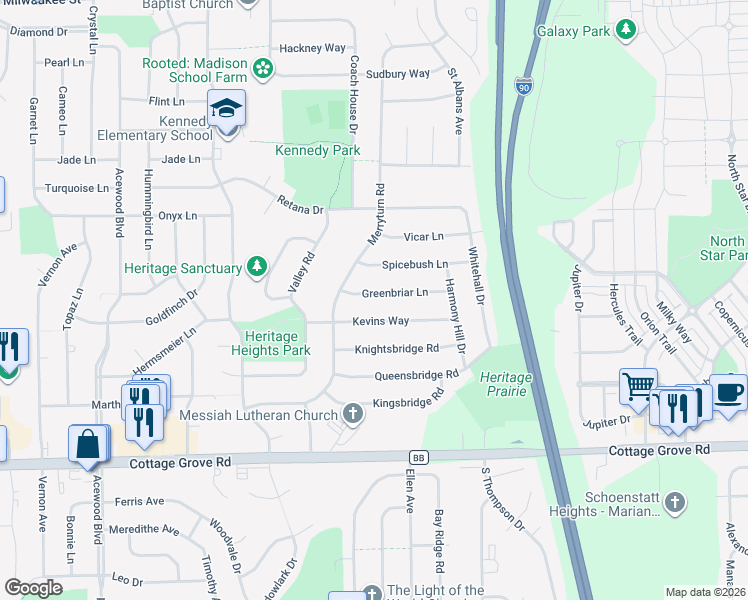 map of restaurants, bars, coffee shops, grocery stores, and more near 5214 Kevins Way in Madison