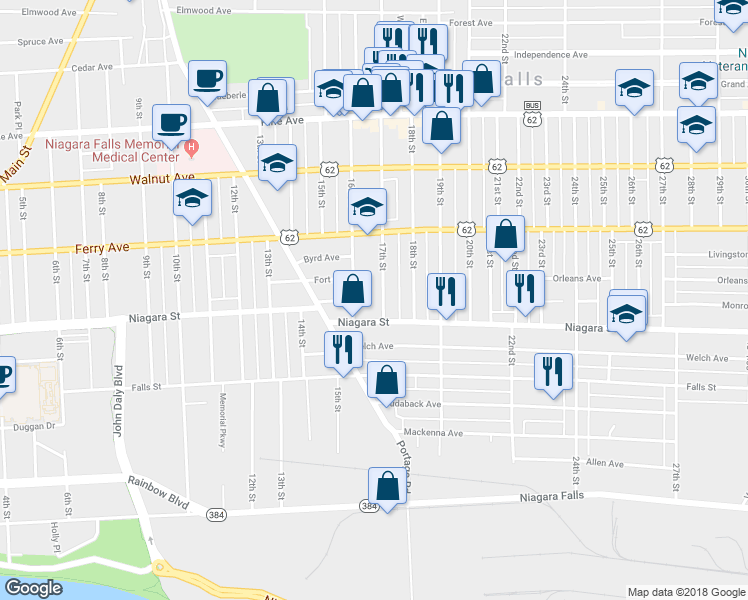 map of restaurants, bars, coffee shops, grocery stores, and more near 420 17th Street in Niagara Falls