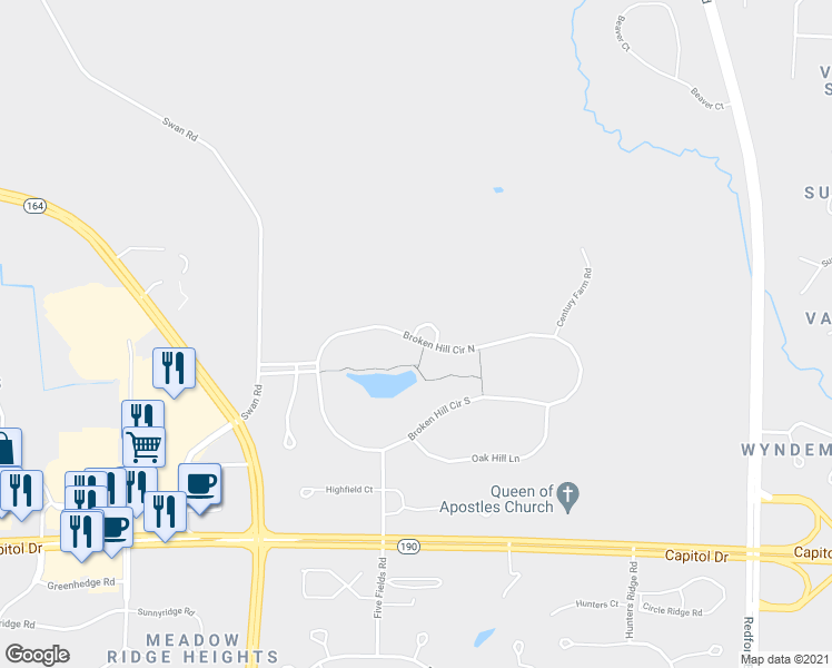 map of restaurants, bars, coffee shops, grocery stores, and more near Grey Fox Court in Pewaukee