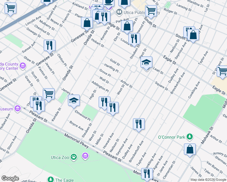map of restaurants, bars, coffee shops, grocery stores, and more near 1547 Steuben Street in Utica