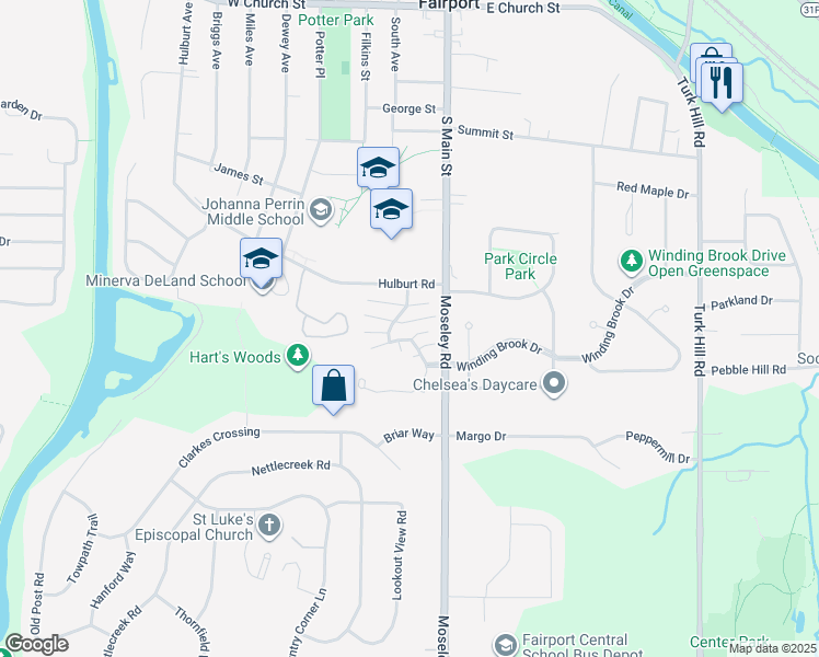 map of restaurants, bars, coffee shops, grocery stores, and more near 16 High Gate Trail in Fairport