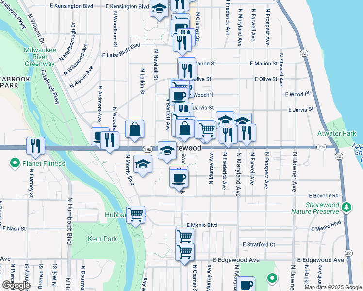 map of restaurants, bars, coffee shops, grocery stores, and more near 4001 North Oakland Avenue in Milwaukee