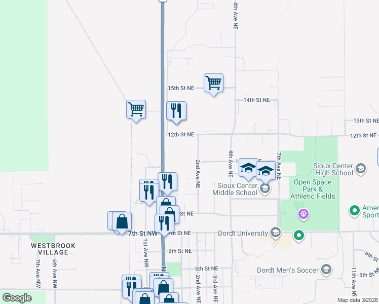 map of restaurants, bars, coffee shops, grocery stores, and more near 1071 2nd Avenue Northeast in Sioux Center