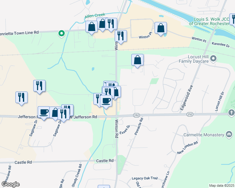 map of restaurants, bars, coffee shops, grocery stores, and more near 3230 South Winton Road in Rochester