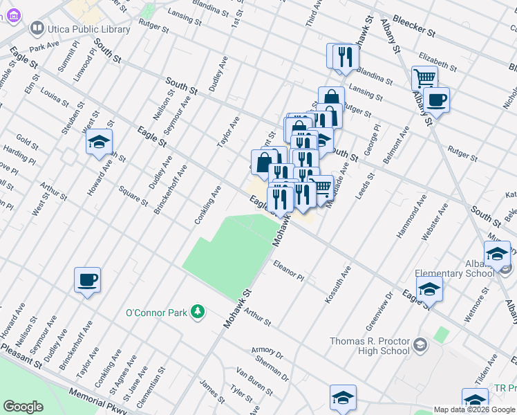 map of restaurants, bars, coffee shops, grocery stores, and more near 620 Eagle Street in Utica