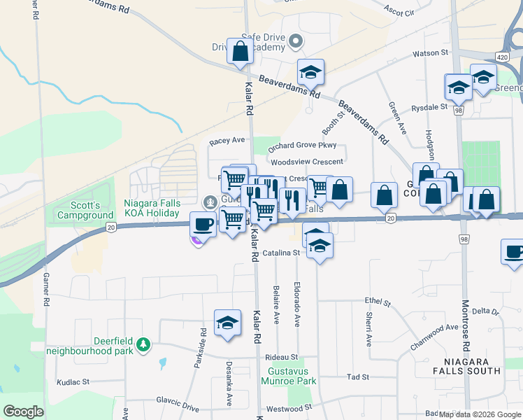 map of restaurants, bars, coffee shops, grocery stores, and more near 8201 B Lundy's Lane in Niagara Falls