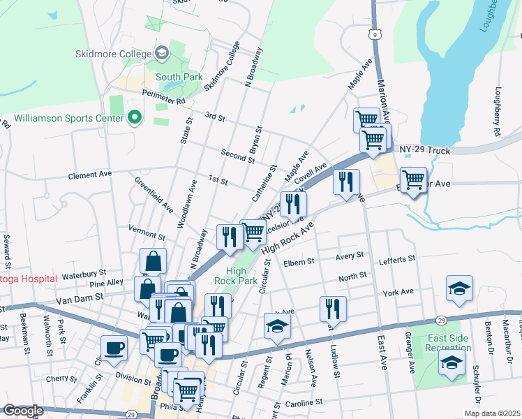 map of restaurants, bars, coffee shops, grocery stores, and more near 185 Maple Avenue in Saratoga Springs