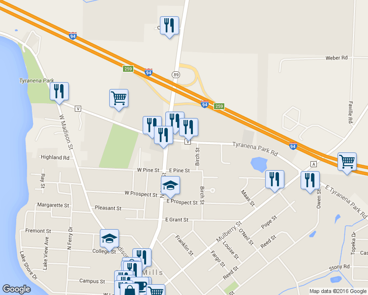 map of restaurants, bars, coffee shops, grocery stores, and more near 142 East Tyranena Park Road in Lake Mills