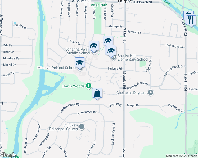 map of restaurants, bars, coffee shops, grocery stores, and more near 34 Woodbury Way in Fairport