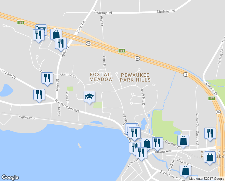 map of restaurants, bars, coffee shops, grocery stores, and more near 463 High Street in Pewaukee