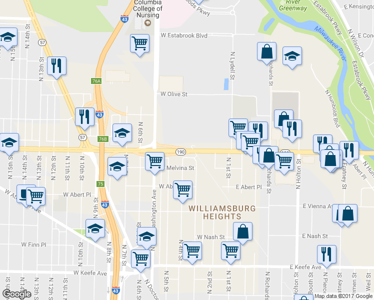 map of restaurants, bars, coffee shops, grocery stores, and more near 362 W Capitol Dr in Milwaukee