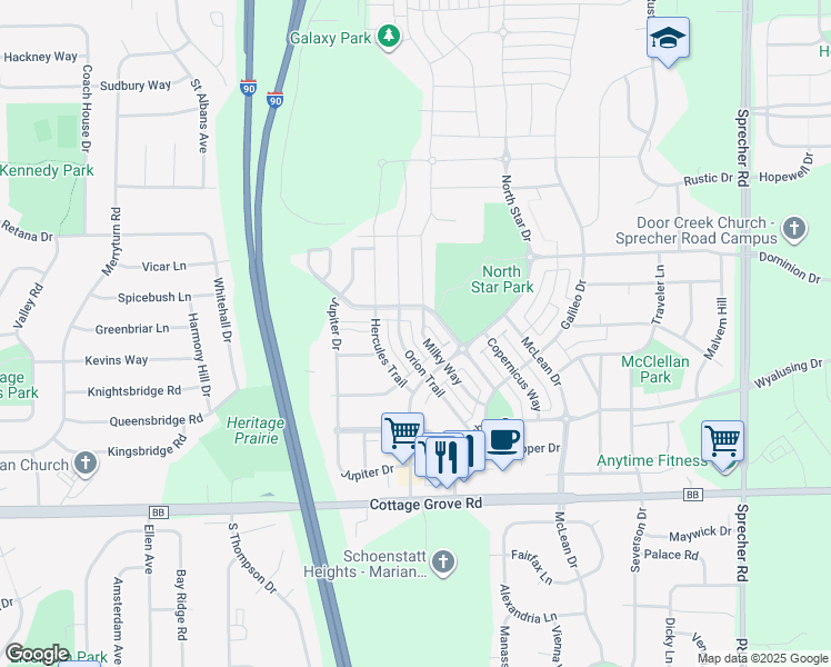 map of restaurants, bars, coffee shops, grocery stores, and more near 630 Orion Trail in Madison