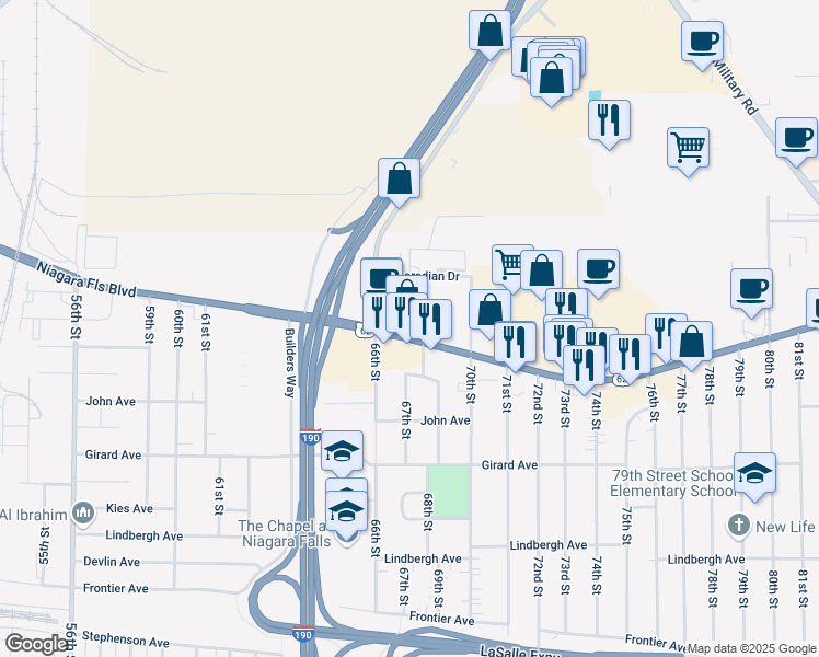 map of restaurants, bars, coffee shops, grocery stores, and more near 6690 Niagara Falls Boulevard in Niagara Falls