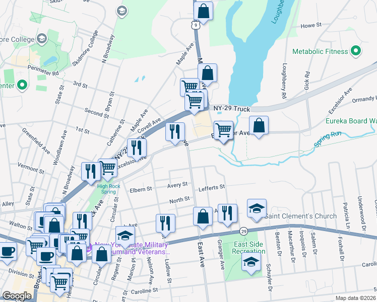 map of restaurants, bars, coffee shops, grocery stores, and more near 101 East Avenue in Saratoga Springs
