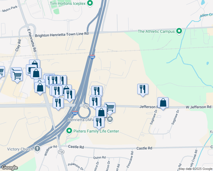 map of restaurants, bars, coffee shops, grocery stores, and more near Ridgeland Road in Rochester