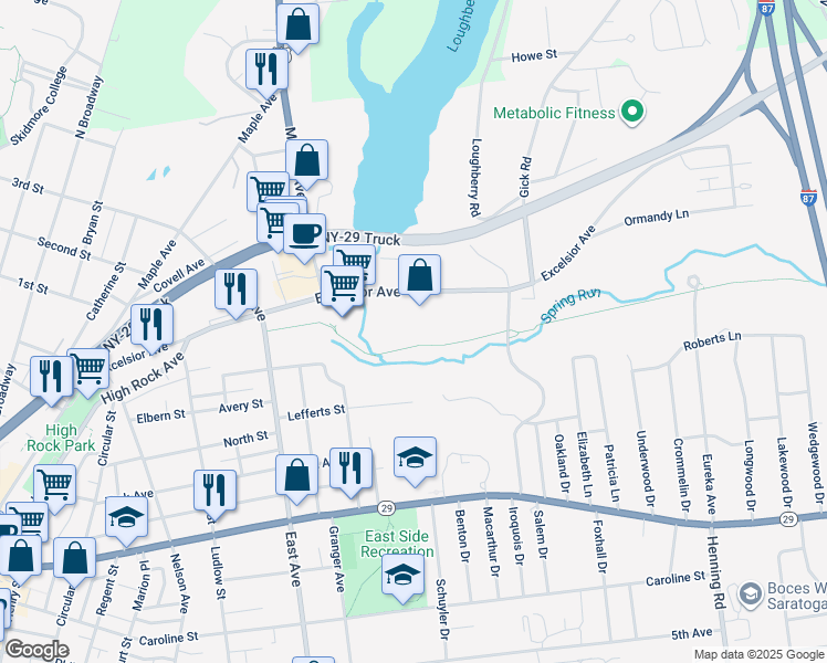 map of restaurants, bars, coffee shops, grocery stores, and more near 130 Excelsior Avenue in Saratoga Springs