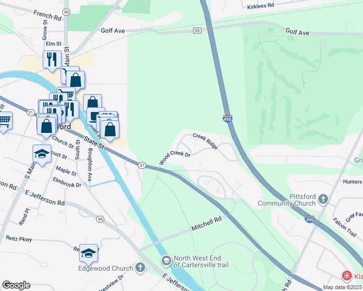 map of restaurants, bars, coffee shops, grocery stores, and more near 17 Winding Wood in Pittsford