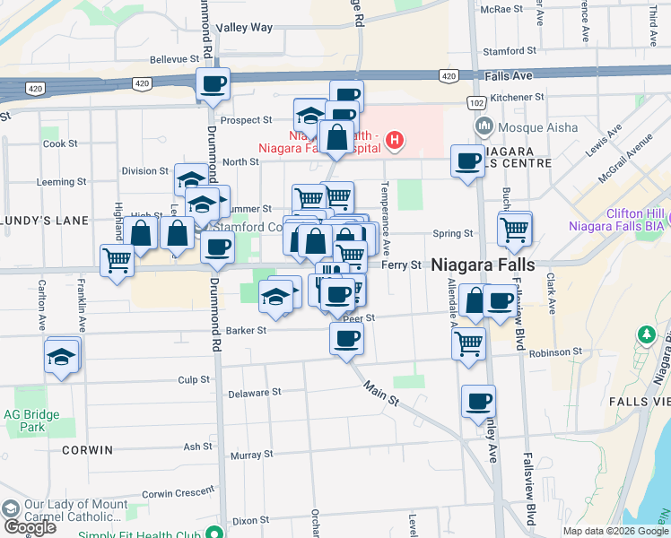 map of restaurants, bars, coffee shops, grocery stores, and more near in Niagara Falls