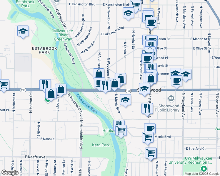 map of restaurants, bars, coffee shops, grocery stores, and more near 1325 Wisconsin 190 in Shorewood