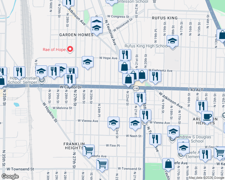 map of restaurants, bars, coffee shops, grocery stores, and more near 3949 North 24th Street in Milwaukee