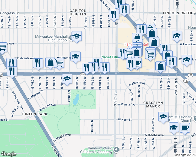map of restaurants, bars, coffee shops, grocery stores, and more near 3941 North 62nd Street in Milwaukee