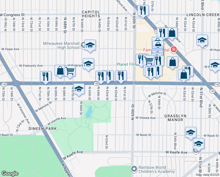 map of restaurants, bars, coffee shops, grocery stores, and more near 3941 North 62nd Street in Milwaukee
