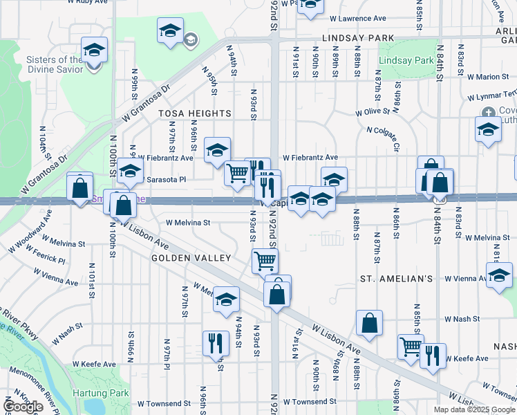 map of restaurants, bars, coffee shops, grocery stores, and more near 3954 North 93rd Street in Milwaukee