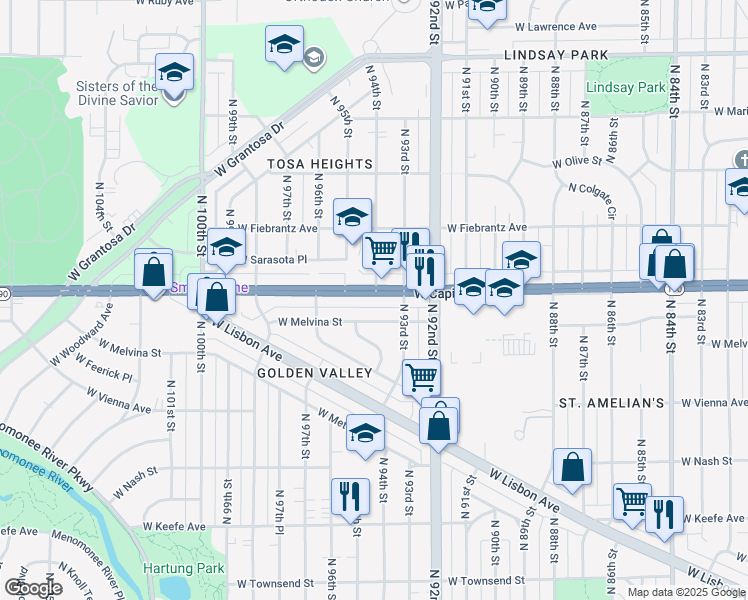 map of restaurants, bars, coffee shops, grocery stores, and more near 9350 West Melvina Street in Milwaukee
