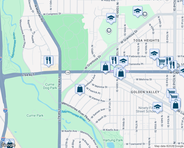 map of restaurants, bars, coffee shops, grocery stores, and more near 10423 West Grantosa Drive in Wauwatosa