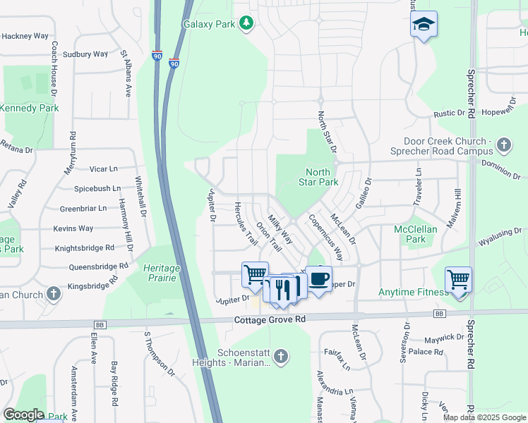map of restaurants, bars, coffee shops, grocery stores, and more near 630 Orion Trail in Madison