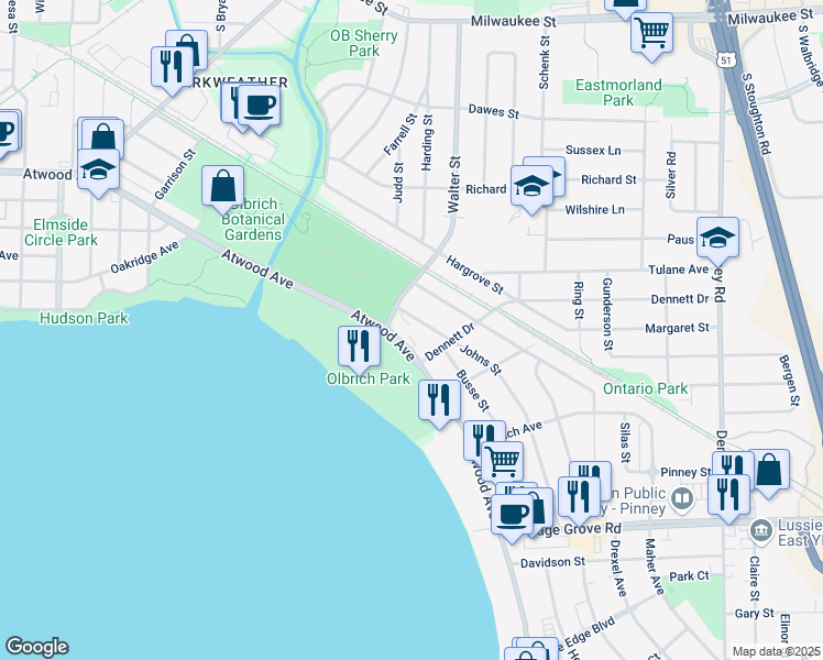 map of restaurants, bars, coffee shops, grocery stores, and more near 3502 Dennett Drive in Madison