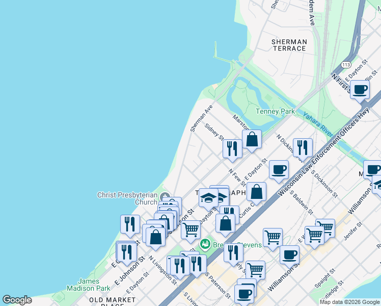 map of restaurants, bars, coffee shops, grocery stores, and more near 1109 Sherman Avenue in Madison