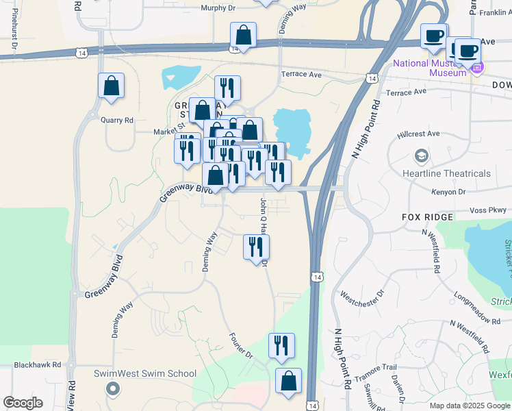 map of restaurants, bars, coffee shops, grocery stores, and more near 1428-1498 John Q Hammons Dr in Madison