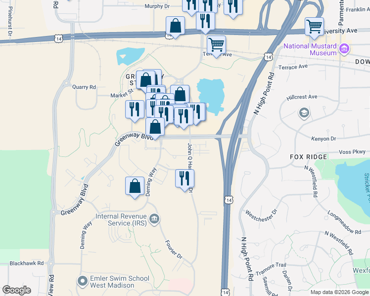 map of restaurants, bars, coffee shops, grocery stores, and more near 8309 Greenway Boulevard in Middleton